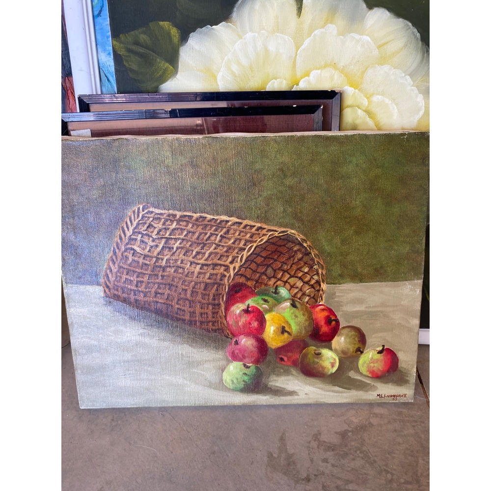 Vintage 1969 Signed M.L. Livingstone Still Life Apple Basket Oil Painting 14x18
